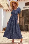 Truedames Allover Print Puff Sleeve Ruched Shirred Dress In Blue