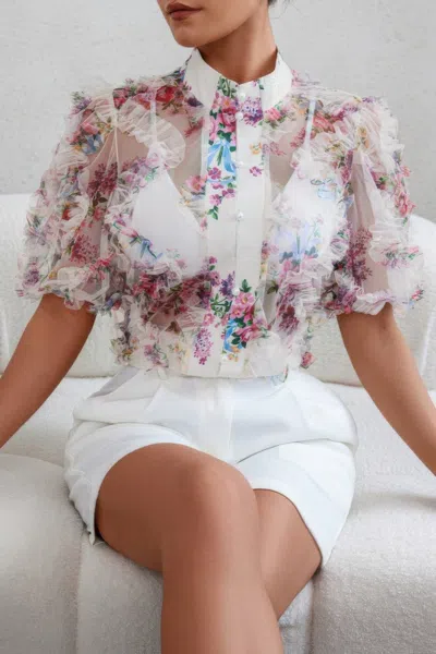 Truedames Allover Print See Through Collar Puff Sleeve Shirt In Purple