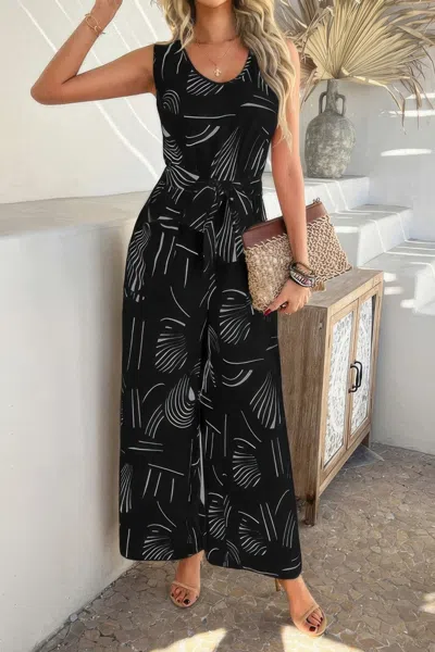 Truedames Allover Print Sleeveless Wide Leg Tie Waist Jumpsuit In Black