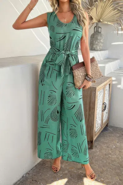 Truedames Allover Print Sleeveless Wide Leg Tie Waist Jumpsuit In Green
