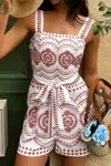 Truedames Allover Print Spaghetti Strap Tie Waist Romper In Red
