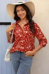 Truedames Allover Print V Neck Button Down Loose Blouse In Burgundy