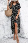 Truedames Allover Print V Neck Fit Belt A Line Long Dress In Black