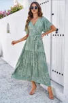 Truedames Allover Print V Neck Fit Belt A Line Long Dress In Multi