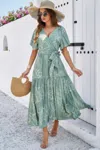Truedames Allover Print V Neck Fit Belt A Line Long Dress In Green