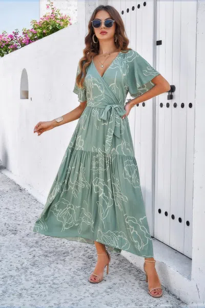 TRUEDAMES ALLOVER PRINT V NECK FIT BELT A LINE LONG DRESS