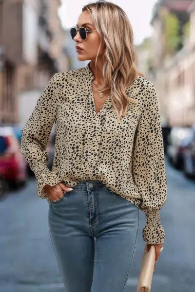 Truedames Allover Print V Neck Long Sleeve Loose Blouse In Beige