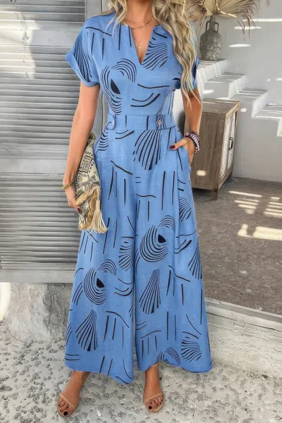 Truedames Allover Print V Neck Tie Waist Pockets Jumpsuit In Blue