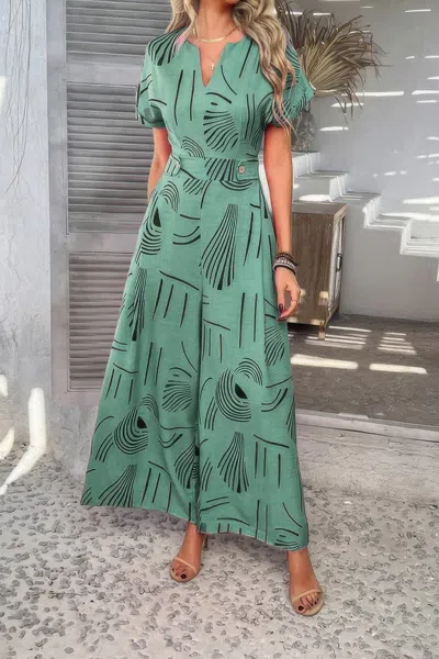 Truedames Allover Print V Neck Tie Waist Pockets Jumpsuit In Green
