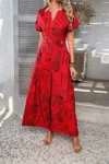 Truedames Allover Print V Neck Tie Waist Pockets Jumpsuit In Red