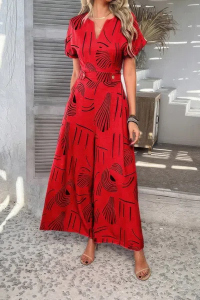 Truedames Allover Print V Neck Tie Waist Pockets Jumpsuit In Red