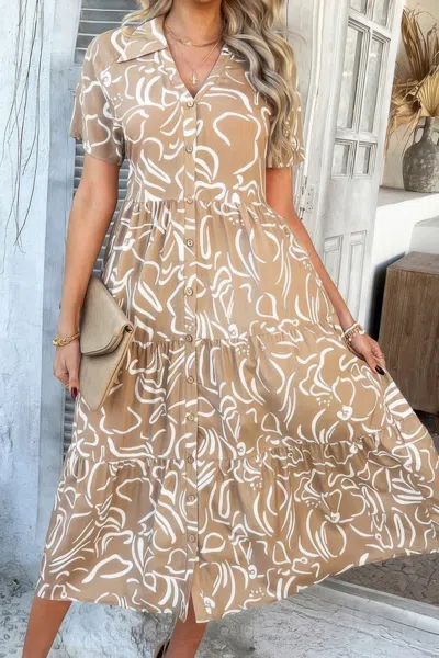 Truedames Allover Printed Button Down Ruched Long Dress In Gold