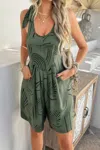 Truedames Allover Printed Tie Shoulder Pockets Romper In Green