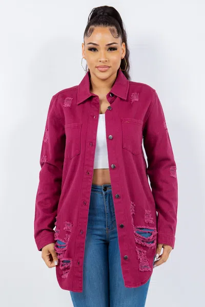 Truedames American Bazi Distressed Button Up Long Sleeve Denim Jacket In Purple