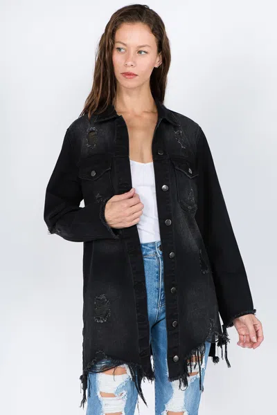 Truedames American Bazi Distressed Frayed Hem Denim Jacket In Black