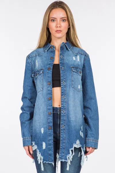 Truedames American Bazi Distressed Frayed Hem Denim Jacket In Blue