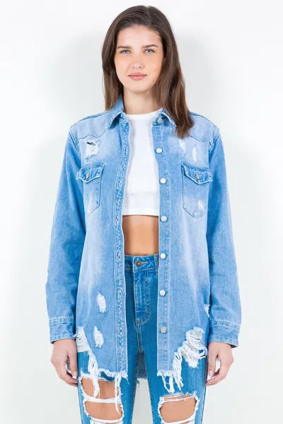 Truedames American Bazi Frayed Hem Distressed Denim Shirt Jacket In Blue