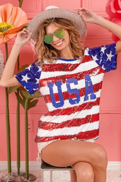 Truedames American Flag Theme Usa Lettering Sequin Top In Red