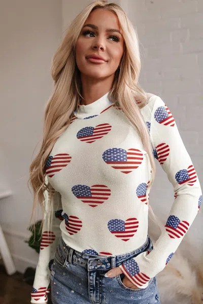 Truedames Americana Glitter Mesh Long Sleeve Bodysuit In White
