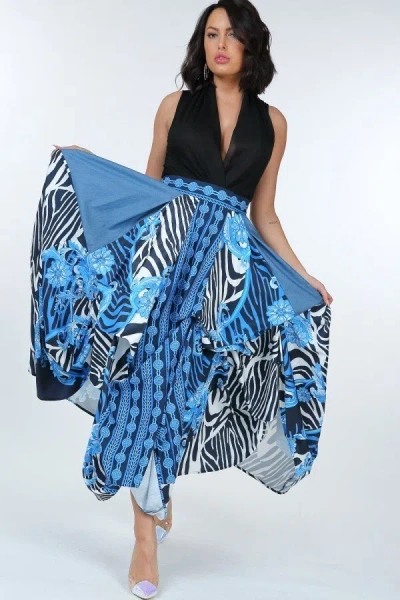 Truedames Animal Chain Print Denim Tacked Maxi Skirt In Black Blue