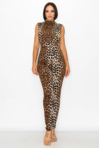 Truedames Animal Open Side Detail Skinny Jumpsuit In Brown