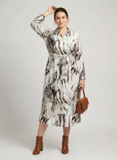 Truedames Animal Print Belted Button-front Midi Shirt Dress In Brown