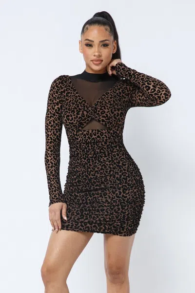 Truedames Animal Print Long Sleeve Mock Neck Mini Dress In Brown