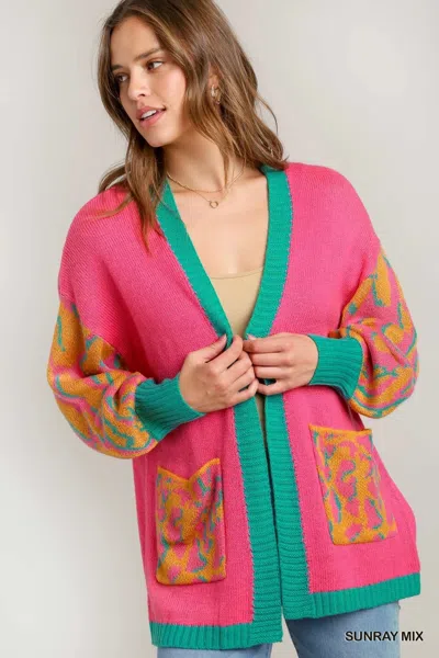 Truedames Animal Print Open Front Sweater Cardigan In Pink