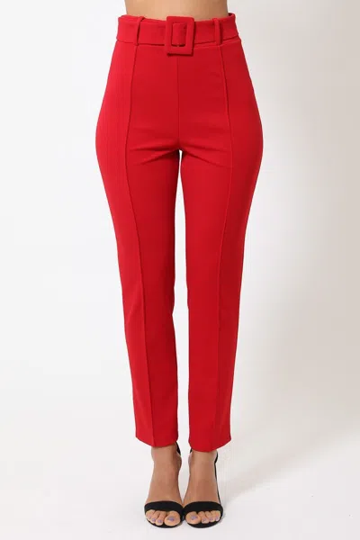 Truedames Ankle Tapered Self-fabric Buckle Belt Pants In Red