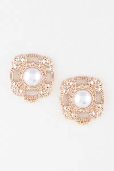 Truedames Antique Ribbon Pearl Stud Earrings In Gold