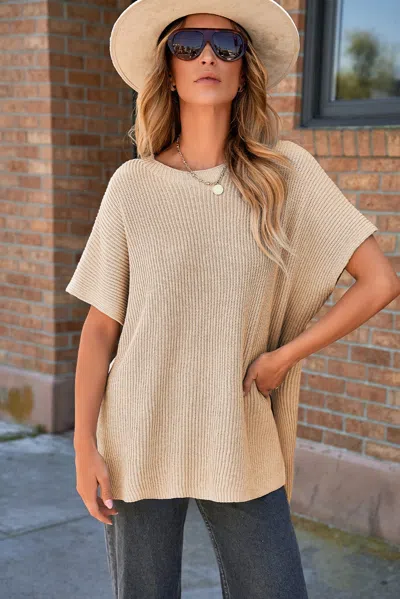 Truedames Apricot Short Sleeve Side Slit Oversized Sweater In Sand