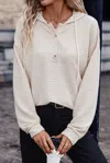 Truedames Apricot Solid Textured Drawstring Henley Hoodie In White