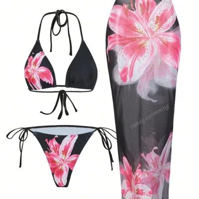 Truedames Apron Three Piece Bikini Vintage Print Long Skirt Swimsuit Women's Swimwear In Black