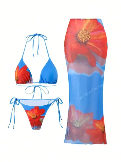 Truedames Apron Three Piece Bikini Vintage Print Long Skirt Swimsuit Women's Swimwear In Blue