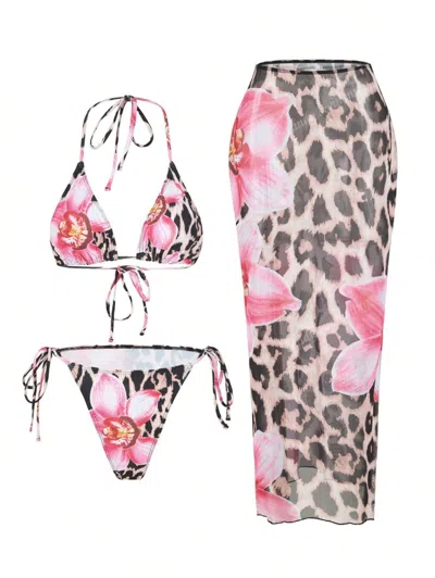 Truedames Apron Three Piece Bikini Vintage Print Long Skirt Swimsuit Women's Swimwear In Brown