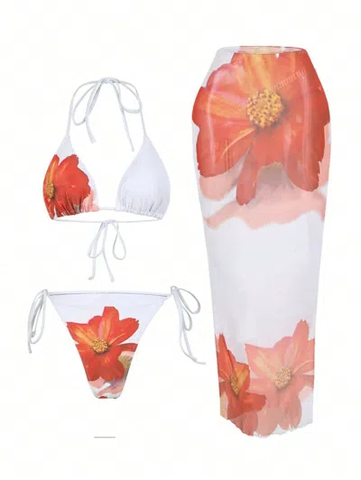 Truedames Apron Three Piece Bikini Vintage Print Long Skirt Swimsuit Women's Swimwear In White