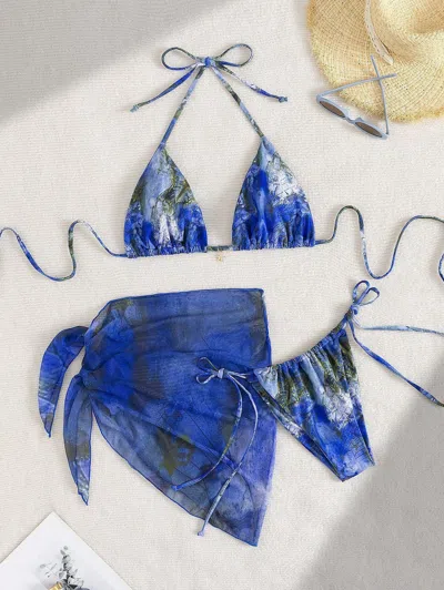 Truedames Apron Three Piece Bikini Vintage Print Tie Swimsuit Women's Swimwear In Blue