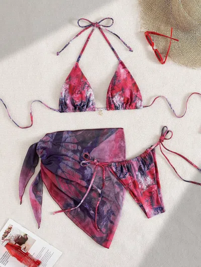 Truedames Apron Three Piece Bikini Vintage Print Tie Swimsuit Women's Swimwear In Red