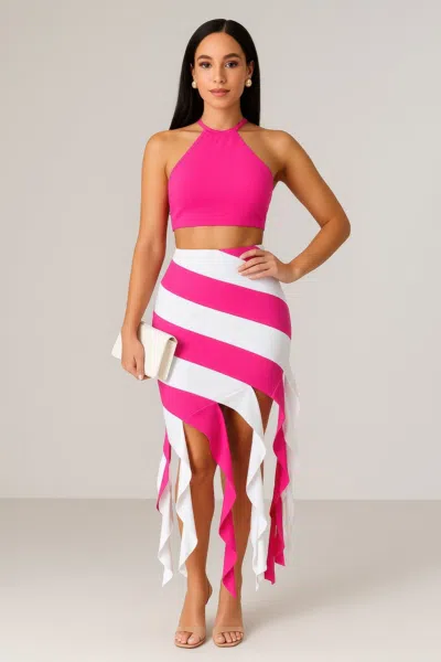 Truedames Asymmetric Crop Skirt Set In Pink