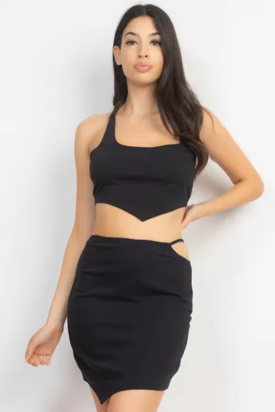 Truedames Asymmetrical Cross Back Top & Skirts Set In Black