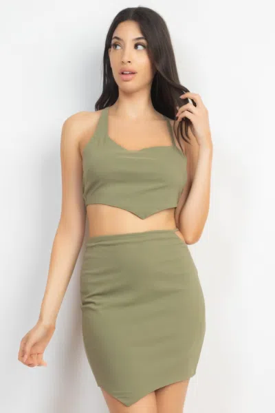 Truedames Asymmetrical Cross Back Top & Skirts Set In Green
