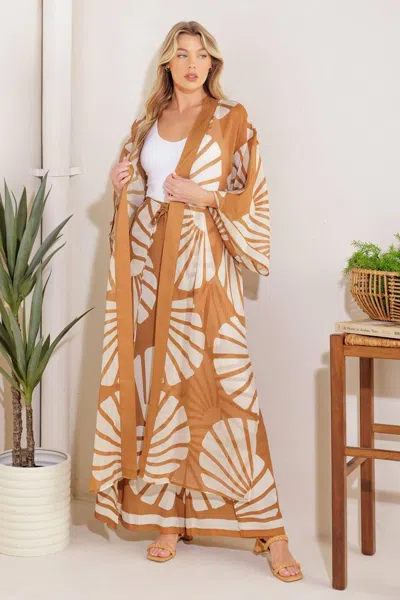 Truedames Awaiting Love Woven Kimono Cover Up And Pant Set In Brown