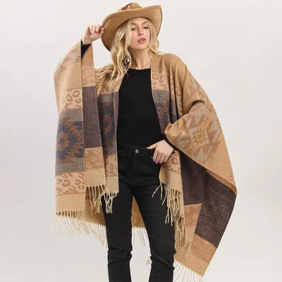 Truedames Aztec Leopard Pattern Fringe Ruana Poncho In Gold