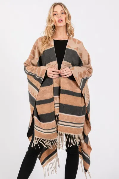 Truedames Aztec Pattern Fringe Ruana In Brown