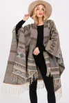 Truedames Boho Style Aztec Pattern Fringe Wrap Shawl Poncho In Gray