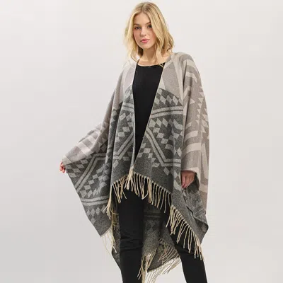 Truedames Aztec Pattern Fringe Ruana Poncho In Grey