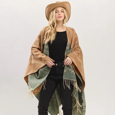 Truedames Aztec Pattern Fringe Ruana Poncho In Neutral
