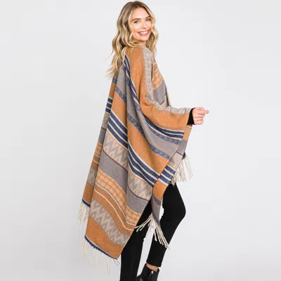 Truedames Aztec Patterned Fringe Ruana Poncho In Brown