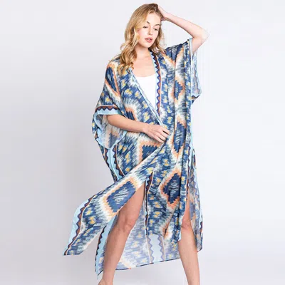 Truedames Aztec Print Open Front Long Kimono Poncho In Blue