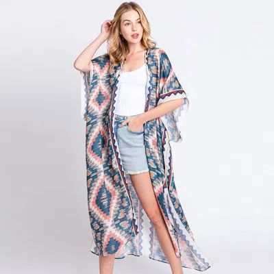 Truedames Aztec Print Open Front Long Kimono Poncho In Multi
